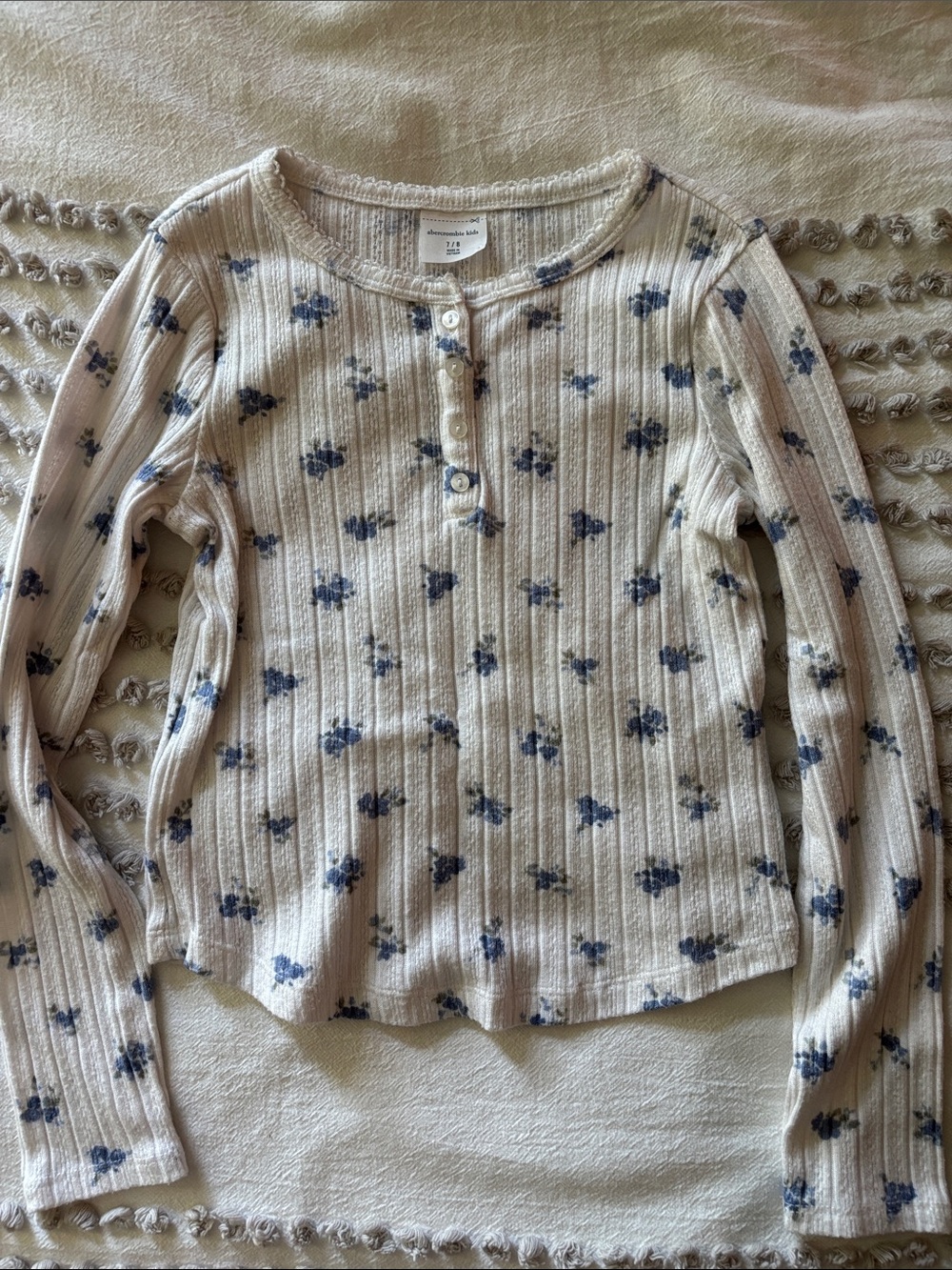 abercrombie kids Cream Ribbed Henley Top with Blue Floral Print